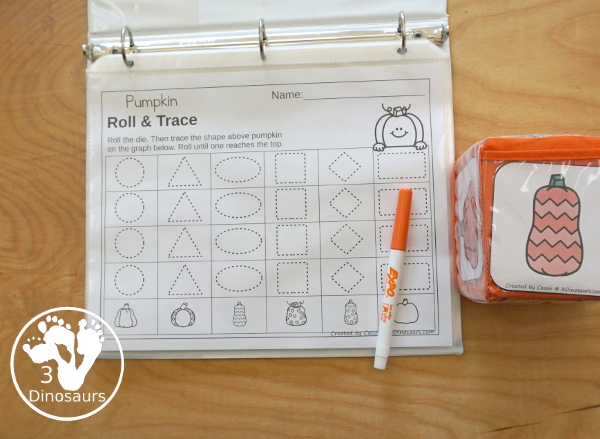 Pumpkin Roll & Graph With Trace Letters, Numbers & Shapes with a folding die and cube die with a graphing sheet, graphing with tracing numbers, graphing with tracing letters and graphing with tracing shapes. All with a fun pumpkin theme for the fall for prek and kindergarten - 3Dinosaurs.com