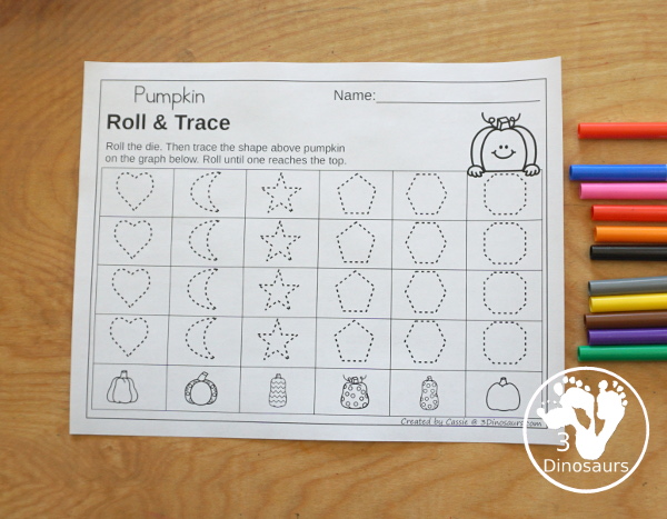 Pumpkin Roll & Graph With Trace Letters, Numbers & Shapes with a folding die and cube die with a graphing sheet, graphing with tracing numbers, graphing with tracing letters and graphing with tracing shapes. All with a fun pumpkin theme for the fall for prek and kindergarten - 3Dinosaurs.com