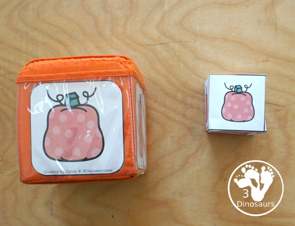 Pumpkin Roll & Graph With Trace Letters, Numbers & Shapes with a folding die and cube die with a graphing sheet, graphing with tracing numbers, graphing with tracing letters and graphing with tracing shapes. All with a fun pumpkin theme for the fall for prek and kindergarten - 3Dinosaurs.com