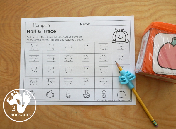 Pumpkin Roll & Graph With Trace Letters, Numbers & Shapes with a folding die and cube die with a graphing sheet, graphing with tracing numbers, graphing with tracing letters and graphing with tracing shapes. All with a fun pumpkin theme for the fall for prek and kindergarten - 3Dinosaurs.com