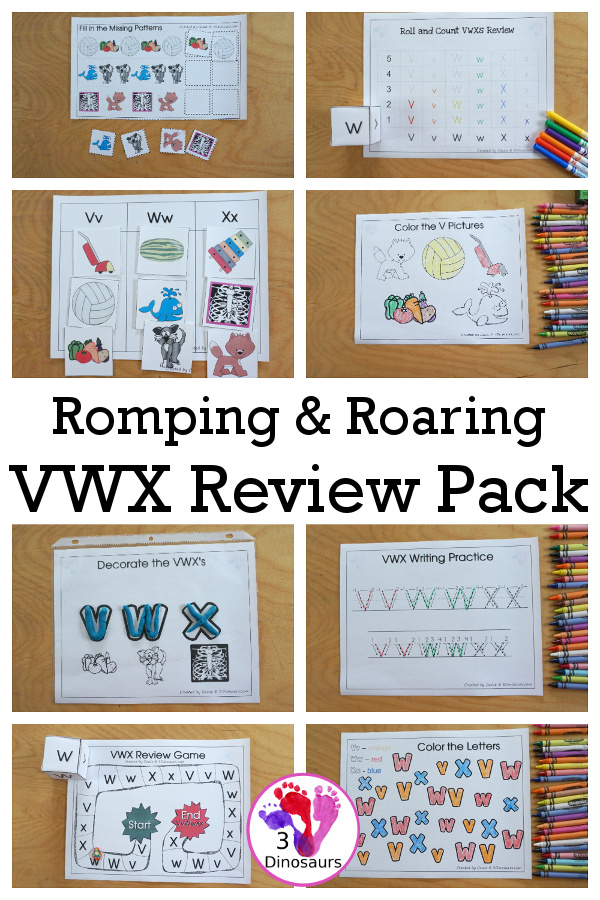 Free Romping & Roaring VWX Review Pack - with letter V, letter w, and letter x printables for reviewing the three letters with tracing, puzzles, coloring pages, finger puppets, game and more- 3Dinosaurs.com