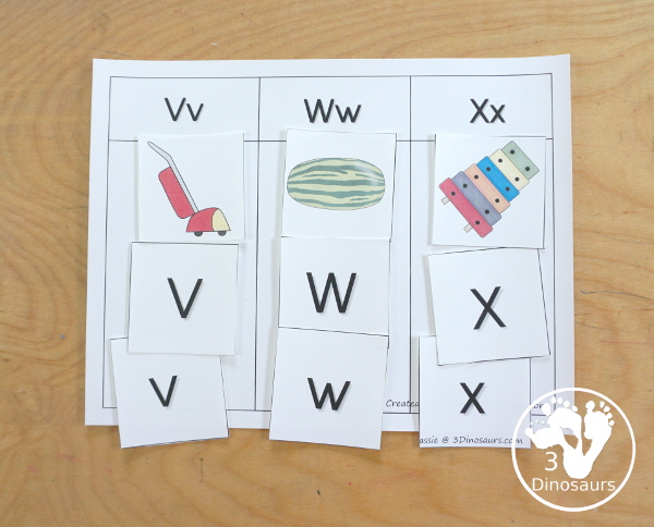 Free Romping & Roaring VWX Review Pack - with letter V, letter w, and letter x printables for reviewing the three letters with tracing, puzzles, coloring pages, finger puppets, game and more- 3Dinosaurs.com