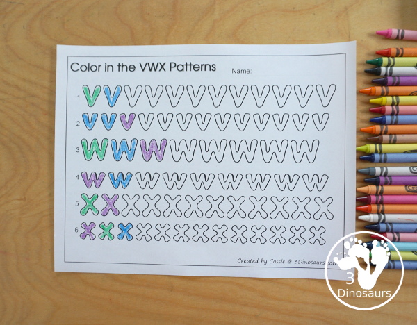 Free Romping & Roaring VWX Review Pack - with letter V, letter w, and letter x printables for reviewing the three letters with tracing, puzzles, coloring pages, finger puppets, game and more- 3Dinosaurs.com