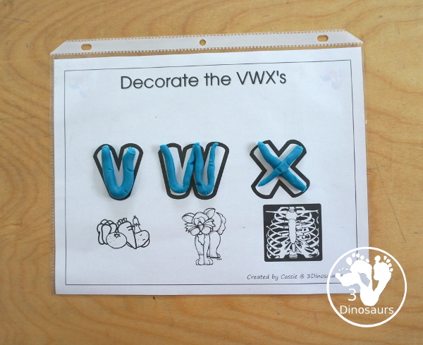 Free Romping & Roaring VWX Review Pack - with letter V, letter w, and letter x printables for reviewing the three letters with tracing, puzzles, coloring pages, finger puppets, game and more- 3Dinosaurs.com