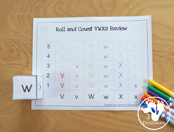 Free Romping & Roaring VWX Review Pack - with letter V, letter w, and letter x printables for reviewing the three letters with tracing, puzzles, coloring pages, finger puppets, game and more- 3Dinosaurs.com