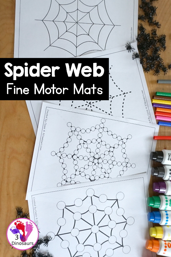 Free Spider Fine Motor Printable - with spider web tracing, spider web mat, spider web q-tip mats, spider web dot marker - with different options for the spider web - 3Dinosaurs.com