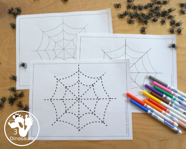 Free Spider Fine Motor Printable - with spider web tracing, spider web mat, spider web q-tip mats, spider web dot marker - with different options for the spider web - 3Dinosaurs.com