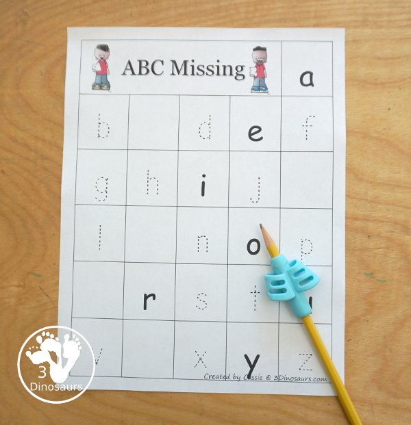Free Tracing and Writing Missing ABC Letters Chart Printables - with two charts for uppercase and lowercase letters with tracing and writing in missing letters - 3Dinosaurs.com