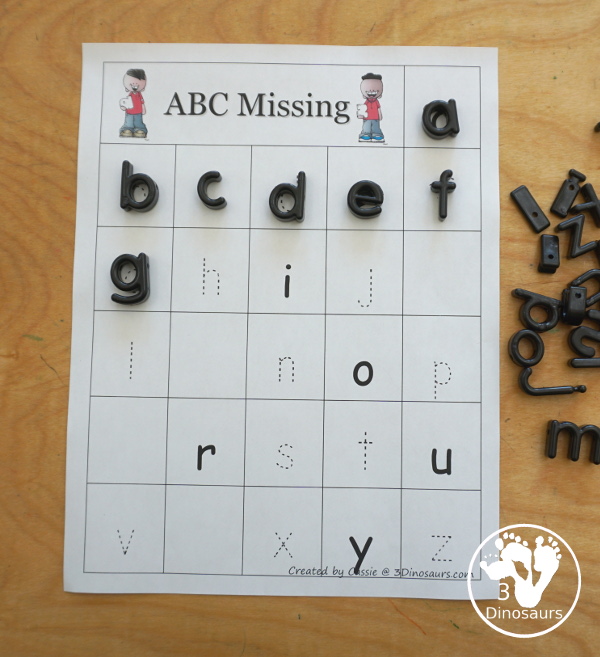 Free Tracing and Writing Missing ABC Letters Chart Printables - with two charts for uppercase and lowercase letters with tracing and writing in missing letters - 3Dinosaurs.com