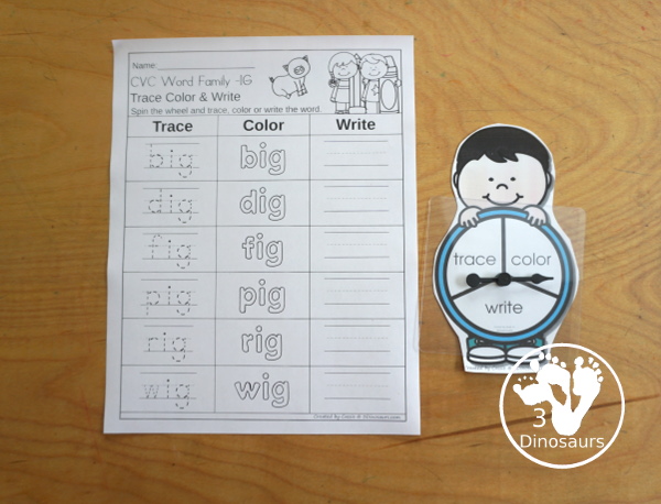 CVC Word Family: Trace, Color and Write Printable with 24 word family for kids to work on with one word family on each page and a spinner and dice options for the trace, color and write.- 3Dinosaurs.com
