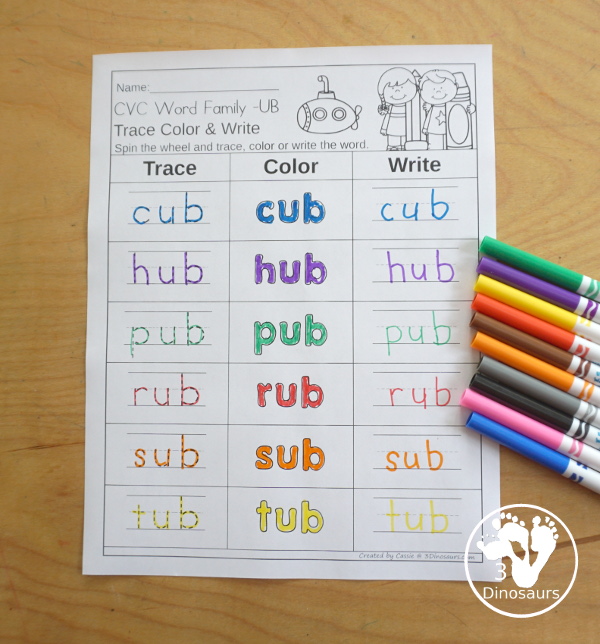 CVC Word Family: Trace, Color and Write Printable with 24 word family for kids to work on with one word family on each page and a spinner and dice options for the trace, color and write.- 3Dinosaurs.com