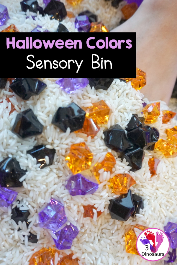Halloween Black, Orange, and Purple Sensory Bin - a fun rice base sensory bin with colors black, orange and purple for the colors.- 3Dinosaurs.com