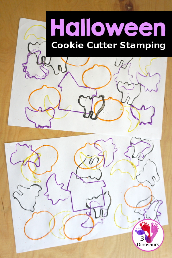 Halloween Stamping With Cookie Cutters - painting with cookie cutters using them to stamp paint with the cookie cutters on a piece of paper. A great tot, preschool and prek painting activity - 3Dinosaurs.com