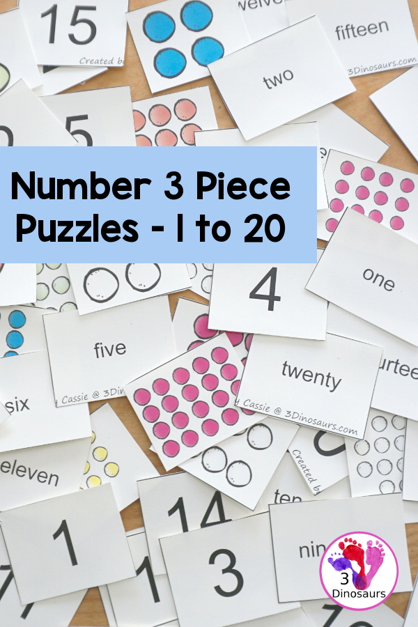 Free Number 3 Piece Puzzles 1 to 20 - Number Matching Printable - with gumballs for counting, number word and numerical number for the matching - 3Dinosaurs.com