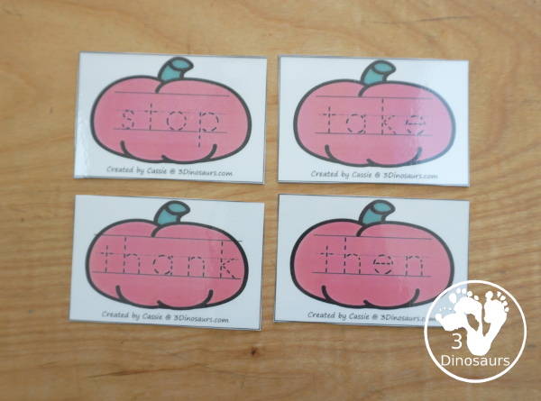 Pumpkin Sight Word Tracing Card Printables- with all 220 Dolch Sight Words with cards sorting by sight word list - With tracing on colored pumpkin or a black and white pumpkin option. You have 8 sight word cards on each page - 3Dinosaurs.com
