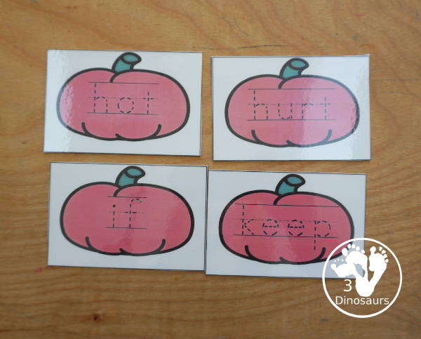 Pumpkin Sight Word Tracing Card Printables- with all 220 Dolch Sight Words with cards sorting by sight word list - With tracing on colored pumpkin or a black and white pumpkin option. You have 8 sight word cards on each page - 3Dinosaurs.com