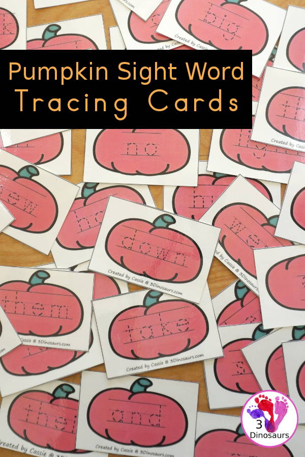 Pumpkin Sight Word Tracing Card Printables- with all 220 Dolch Sight Words with cards sorting by sight word list - With tracing on colored pumpkin or a black and white pumpkin option. You have 8 sight word cards on each page - 3Dinosaurs.com