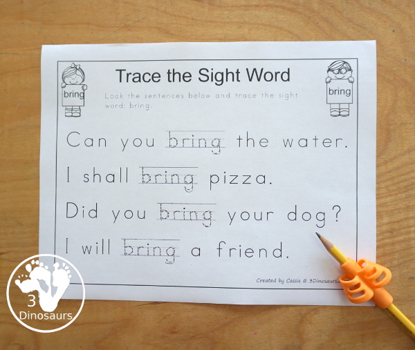 Free Romping & Roaring Third Grade Sight Words Packs Set 1: About, Better, Bring, Carry - 6 pages of activities for each third Grade sight words: about, better, bring and carry. These are great for easy to use learning centers - 3Dinosaurs.com