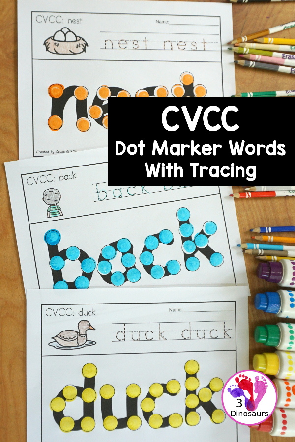 CVCC Word Family Dot Marker Words With Tracing - a fun CVCC worksheet with reading the word, tracing the word and dot marker word. Plus there is a picture to color. A great CVCC worksheet for a fun learning center. - 3Dinosaurs.com