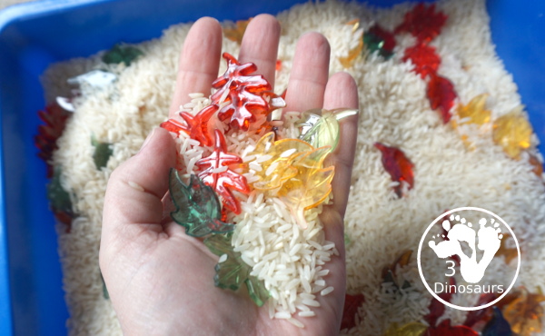 Fall Leaves Sensory Bin - a simple fall leaf sensory bin with different colors of leaves with red, yellow, orange, and green leaves. The sensory bin as a rice filler. - 3Dinosaurs.com