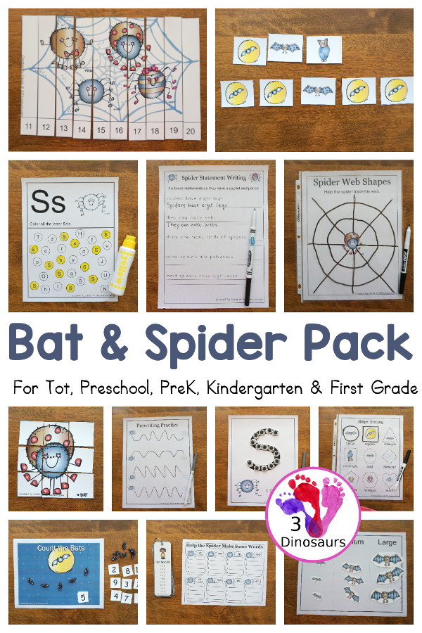 Free Bat & Spider Pack with a 70 pages prek kindergarten, first grade pack and a 36 Preschool & Tot pack with loads of no-prep and hands-on activities with bat and spider themes great for Halloween or a spider theme - 3Dinosaurs.com