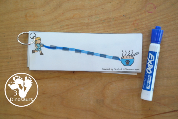 Free Goldilocks & Three Bears Prewriting Strip Printables - 10 prewriting strips with Goldilocks nad different parts of the story. You have tick dashed lines for kids to trace- 3Dinosaurs.com