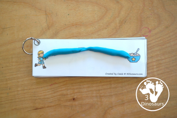 Free Goldilocks & Three Bears Prewriting Strip Printables - 10 prewriting strips with Goldilocks nad different parts of the story. You have tick dashed lines for kids to trace- 3Dinosaurs.com