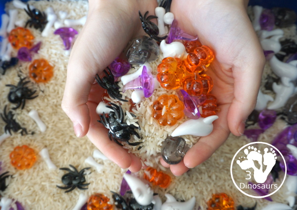 Halloween Sensory Bin - a simple and easy sensory bin for Halloween with different Halloween themes in the sensory bin - 3Dinosaurs.com