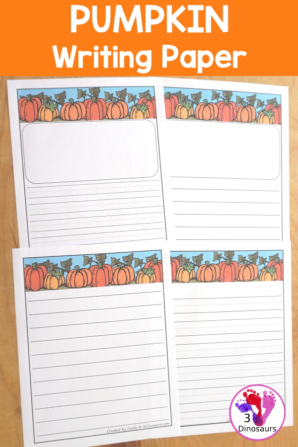 Free Pumpkin Writing Paper - two types of pumpkin writing lines to use with kids. These are great for kids on kindergarten, first grade and second grade - 3Dinosaurs.com