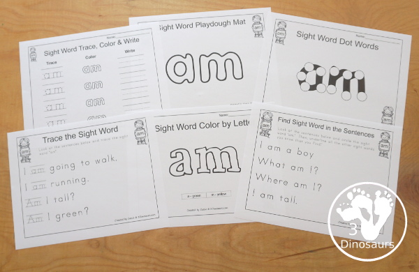 Free Romping & Roaring Primer Sight Words: Am - you have 6 pages for each sight word that work on learning the sight word in different ways with reading, writing, and finding. 3Dinosaurs.com