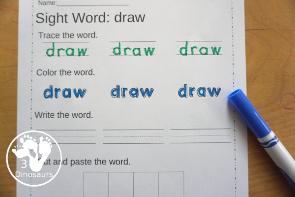 Free Third Grade Sight Word Trace, Color, Write, Cut & Paste Printable - all 41 third grade sight words with 3 sight word tracing, 3 sight word coloring, 3 sight word writing, and cut and paste - 3Dinosaurs.com