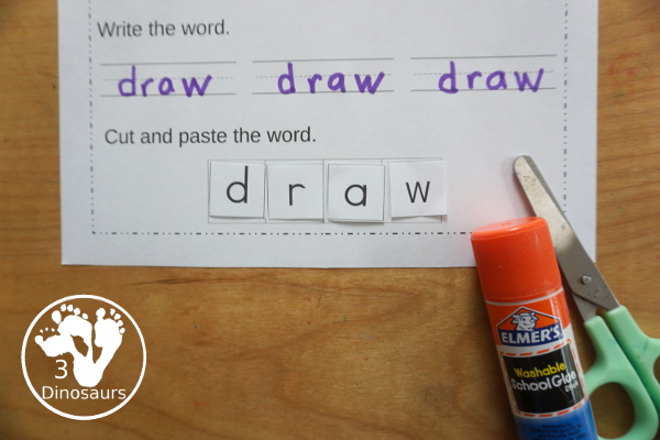 Free Third Grade Sight Word Trace, Color, Write, Cut & Paste Printable - all 41 third grade sight words with 3 sight word tracing, 3 sight word coloring, 3 sight word writing, and cut and paste - 3Dinosaurs.com