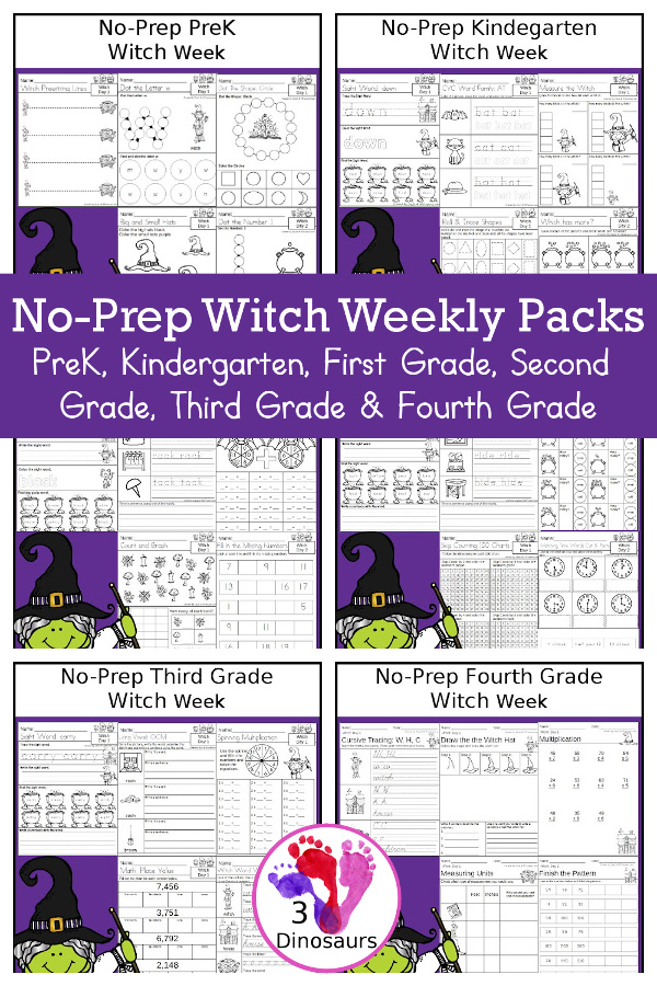 No-Prep Witch Weekly Packs PreK, Kindergarten, First Grade, Second Grade, Third Grade & Fourth Grade with 5 days of activities to do for each grade level with different witch themes. You will find a mix of math, language, and more - These are easy to use packs for homework and morning work. Easy no-prep printables for kids with four pages for each day - 3Dinosaurs.com