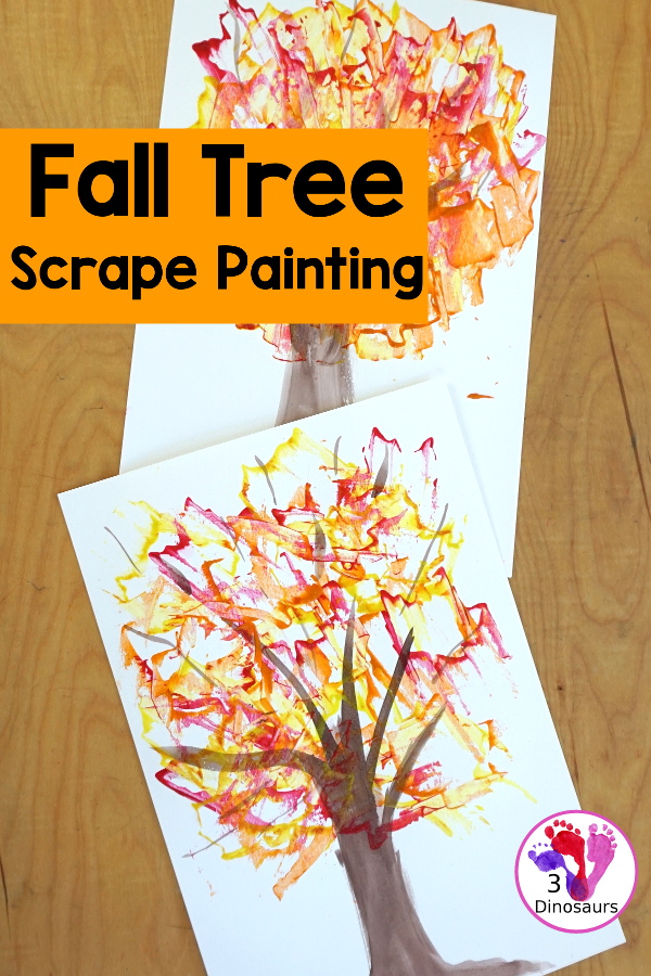 Fall Tree Scrape Painting with Leaf Cookie Cutters - a simple watercolor trunk and branches with leaf cookie cutter scrape painting. A great fall tree craft for kids. 3Dinosaurs.com