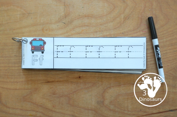 Free Fire Truck ABC Tracing Strips - with uppercase and lowercase together. You have fun kids with a Fire Truck- plus you can see an example of how to trace the letters - 3Dinosaurs.com