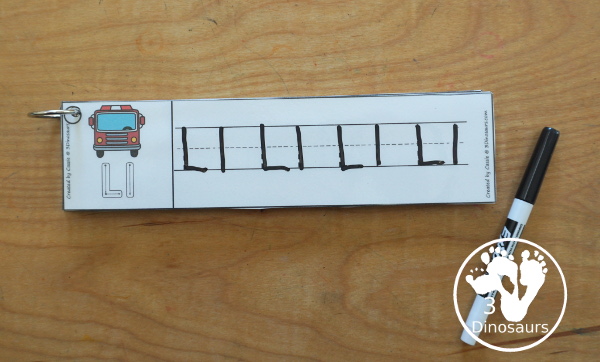 Free Fire Truck ABC Tracing Strips - with uppercase and lowercase together. You have fun kids with a Fire Truck- plus you can see an example of how to trace the letters - 3Dinosaurs.com