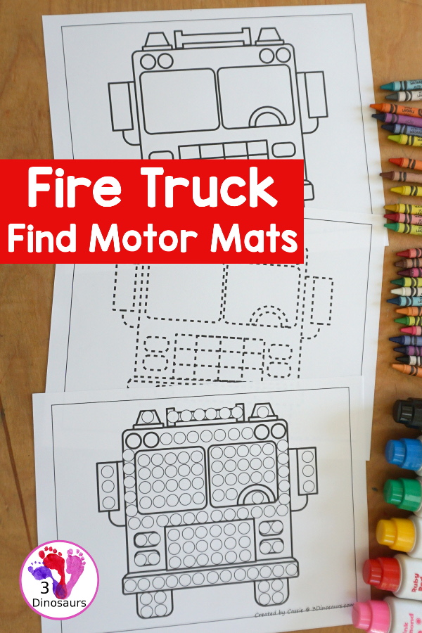 Fire Truck Fine Motor Mat Printables - has three fine motor mats for kids. You have a truck template, a truck tracing page, and a truck q-tip page. Each is a great way to work on fine motor for a fire safety theme or community helper theme. - 3Dinosaurs.com