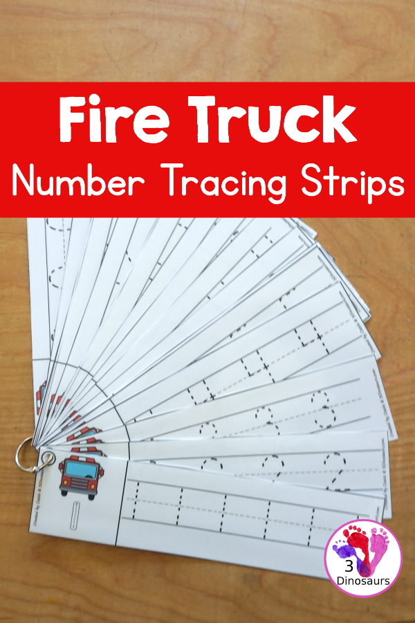 Free Fire Truck Number Tracing Strips - with numbers 0 to 20. You can tracing the numbers and an example of how to trace the numbers on the strips, plus a fire truck on each tracing strip. - 3Dinosaurs.com