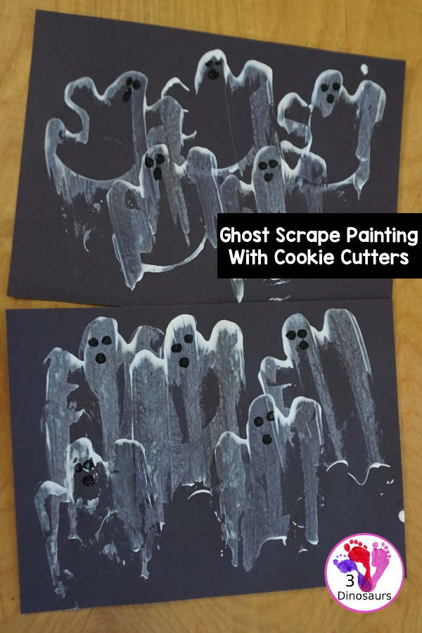 Ghost Scrape Painting with Cookie Cutters - a simple painting activity for kids with paint and ghost cookie cutters that different ages can make together for Halloween. - 3Dinosaurs.com