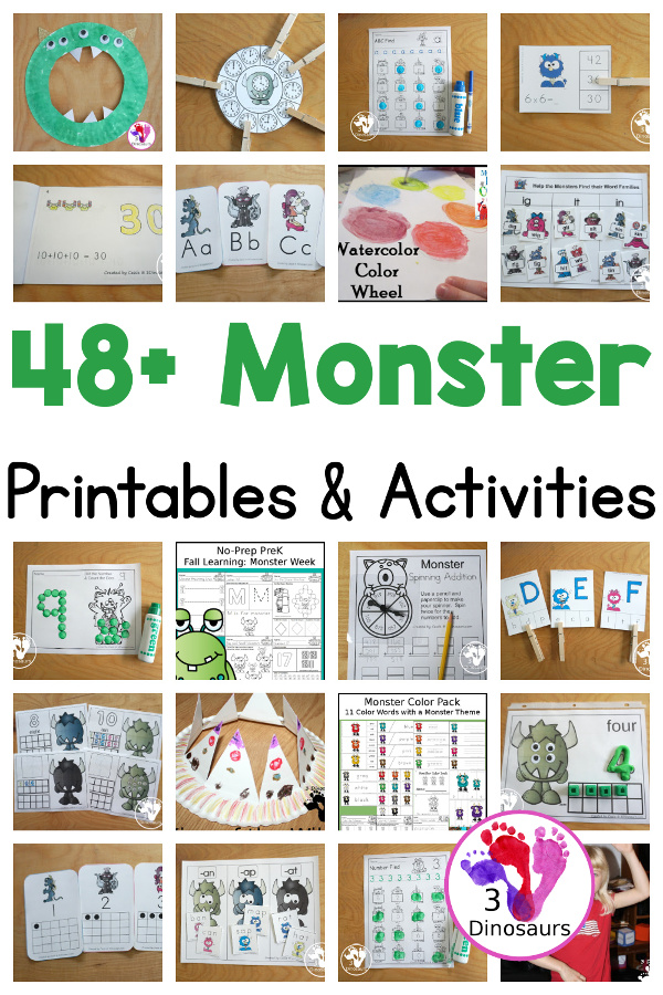 48+ Monster Printables & Activities - with colors, math, ABCs, numbers, crafts, sensory bins, and more all learning with a fun monster theme - 3Dinosaurs.com