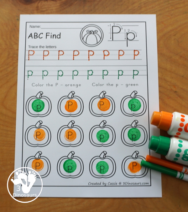Pumpkin ABC Letter Find: Uppercase & Lowercase - a fun pumpkin letter find with only one letter with uppercase and lowercase of the same letter with tracing and finding the letter. - 3Dinosaurs.com
