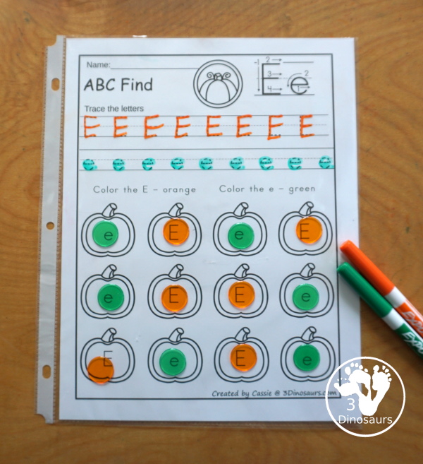 Pumpkin ABC Letter Find: Uppercase & Lowercase - a fun pumpkin letter find with only one letter with uppercase and lowercase of the same letter with tracing and finding the letter. - 3Dinosaurs.com