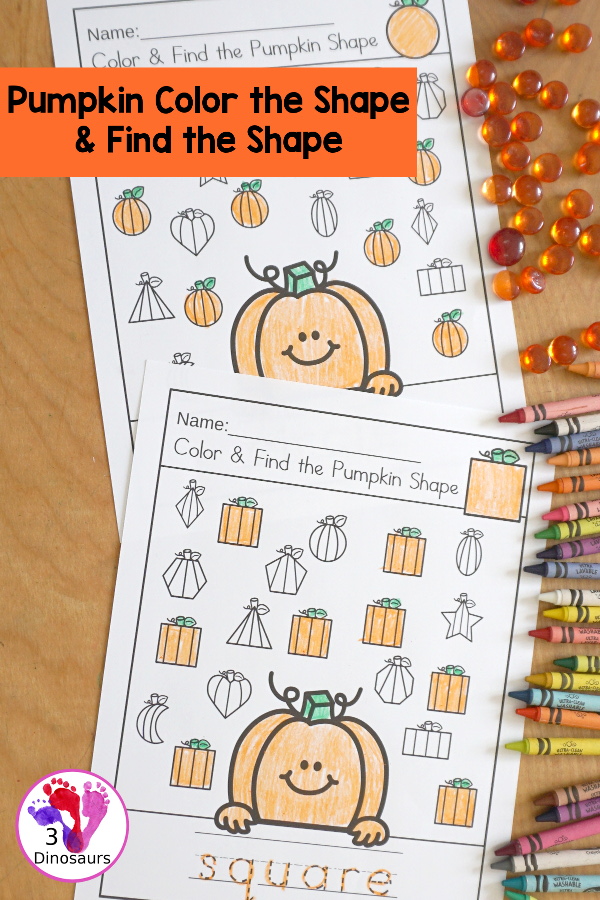 Pumpkin Color the Shape & Find the Shape - you have 12 shapes for kids to learn about. A fun way to work on shapes and shape words. A great kindergarten and prek worksheet for shapes - 3Dinosaurs.com