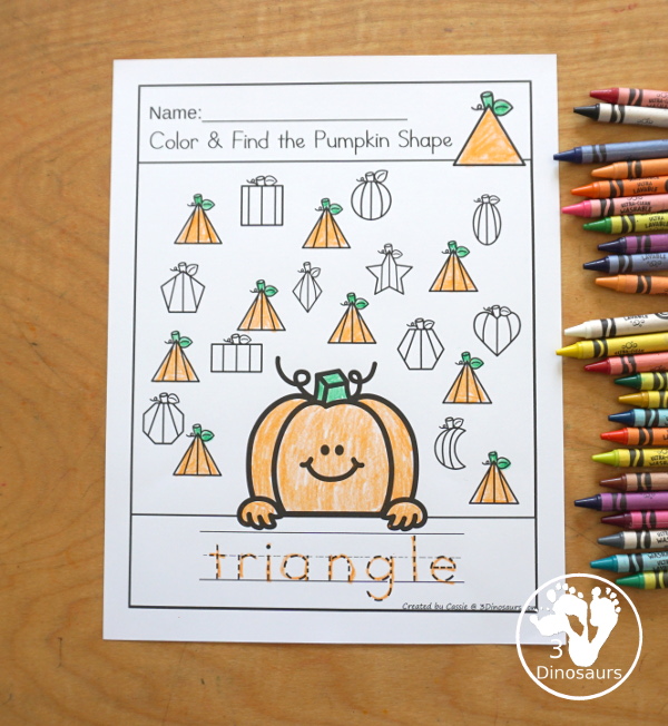 Pumpkin Color the Shape & Find the Shape - you have 12 shapes for kids to learn about. A fun way to work on shapes and shape words. A great kindergarten and prek worksheet for shapes - 3Dinosaurs.com
