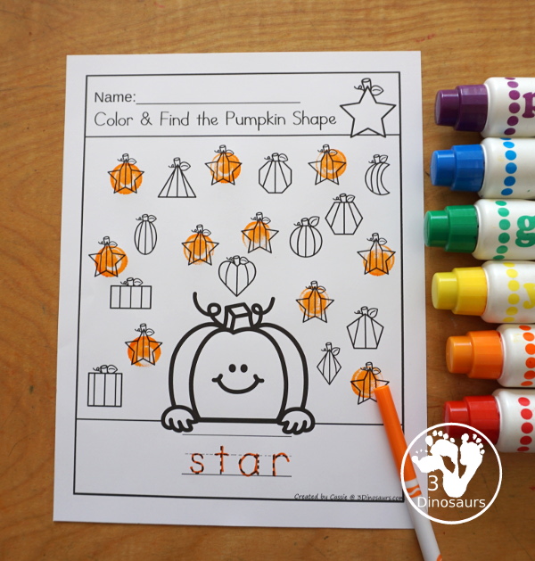 Pumpkin Color the Shape & Find the Shape - you have 12 shapes for kids to learn about. A fun way to work on shapes and shape words. A great kindergarten and prek worksheet for shapes - 3Dinosaurs.com