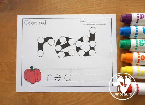 Pumpkin Dot Marker Color Word Printable - a fun printable that has a dot marker color word, a color word to trace, and a pumpkin matching the color or a pumpkin to color to match the word. - 3Dinosaurs.com