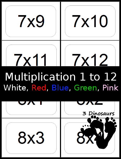 Free Multiplication Flash Cards - free printable multiplication flashcards for multiplying from 1 to 12 - 5 colors to pick from white, red, pink, green, and blue. - 3Dinosaurs.com