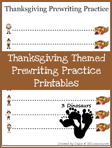 Free Thanksgiving Prewriting Practice Printables - with 28 prewriting printables to use with kids with thin dash lines, thick lines and thick dashed lines all great to work on prewriting during thanksgiving. - 3Dinosaurs.com