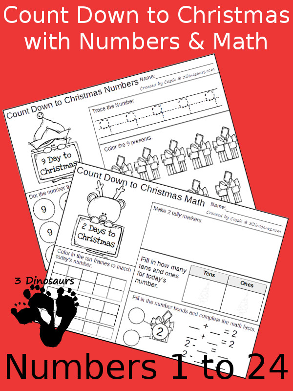 Free Count Down to Christmas with Numbers & Math - 24 pages each for two different levels of math to have a fun way to countdown to Christmas - 3Dinosaurs.com