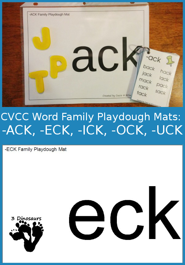Free CVCC Word Family Playdough Mats: -ack, -eck, -ick, -ock, -uck - 3Dinosaurs.com